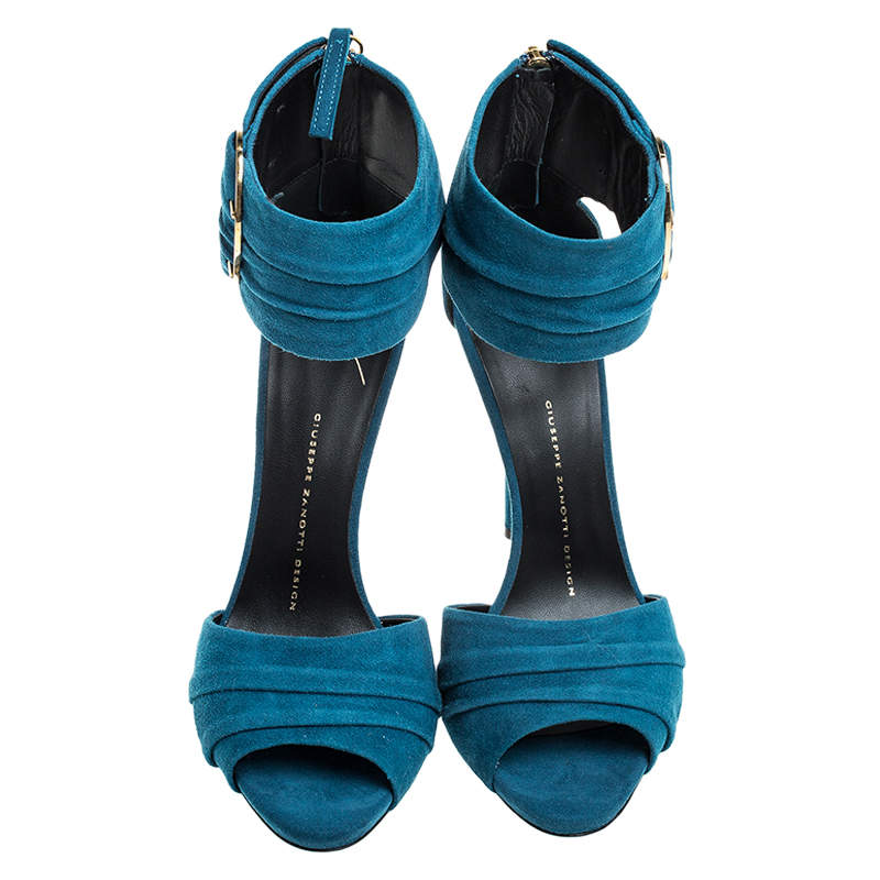 Pre Owned Giuseppe Zanotti Teal Suede Peep Toe Ringed Ankle Strap Sandals Size 37.5