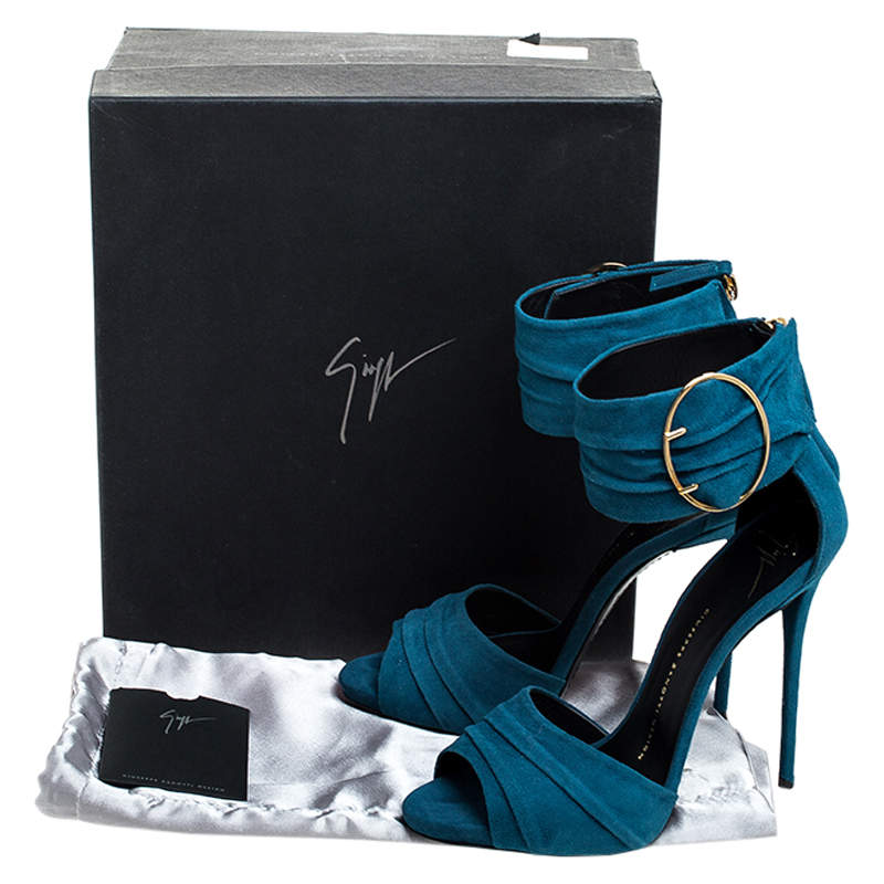 Pre Owned Giuseppe Zanotti Teal Suede Peep Toe Ringed Ankle Strap Sandals Size 37.5