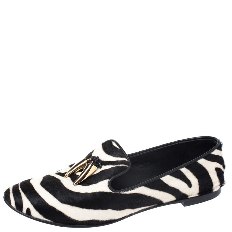 Pre Owned Giuseppe Zanotti Zebra Print  Calfhair Shark Tooth Embellished Smoking Slippers Size 41
