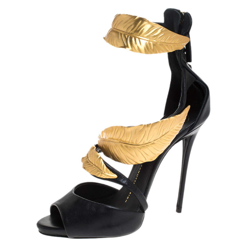 مملوكة مسبقًا Giuseppe Zanotti Black Leather Gold Tone Metal Leaf Embellished Sandals Size 37