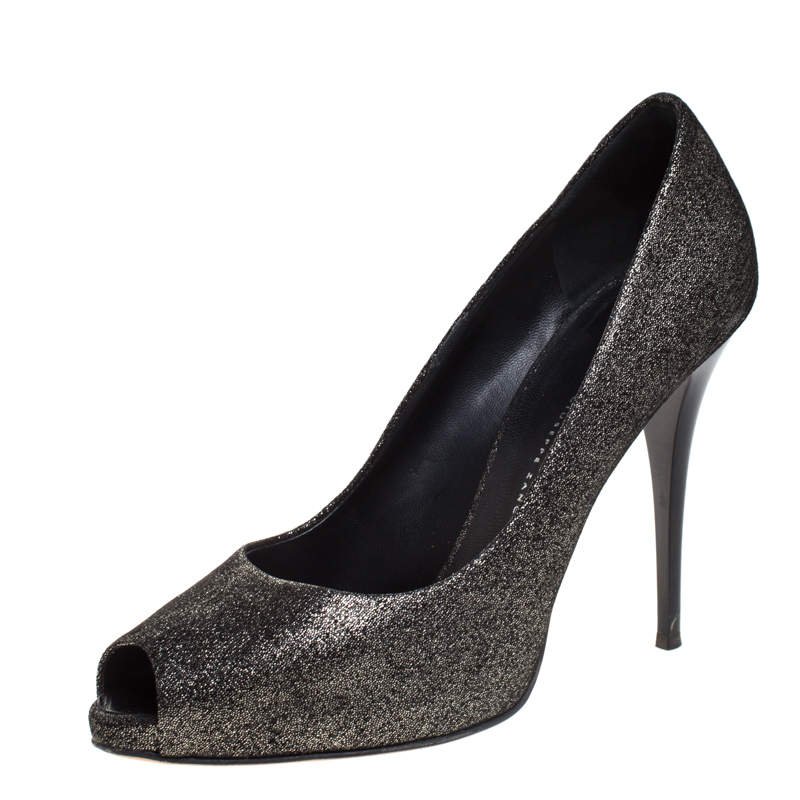 Pre Owned Giuseppe Zanotti Black/Grey Glitter Fabric Peep Toe Pumps Size 40