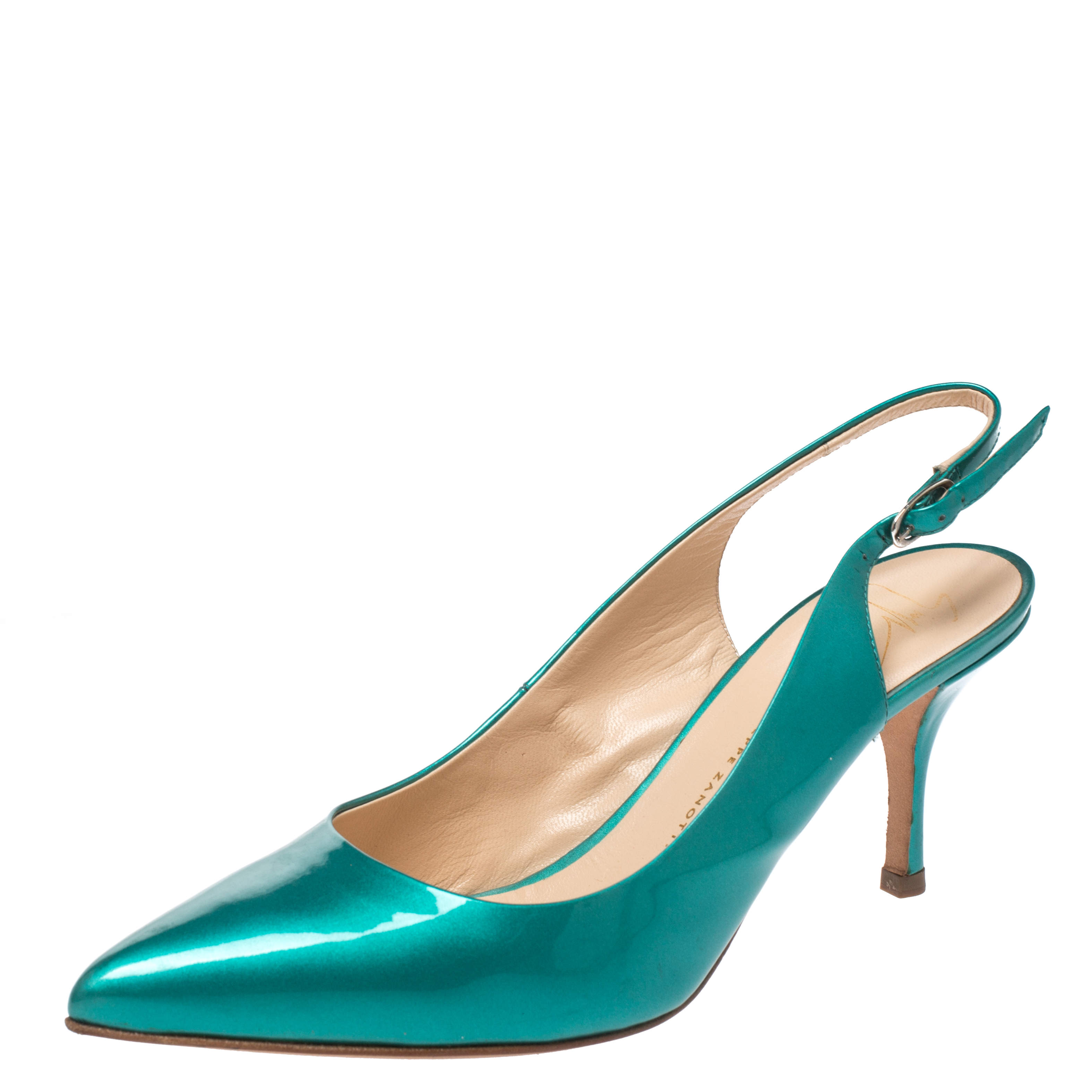 Pre Owned Giuseppe Zanotti Green Patent Leather Slingback Pointed Toe Sandals Size 39