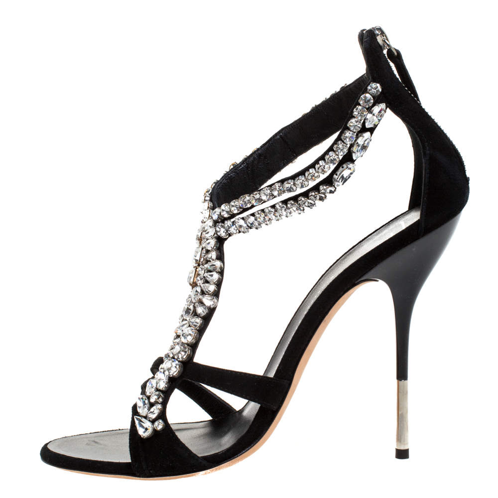 Giuseppe Zanotti Black Suede Crystal Embellished Strappy Sandals Size 41