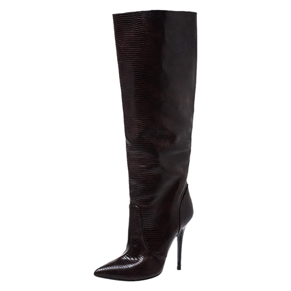 Giuseppe Zanotti Brown Lizard Embossed Leather Knee High Boots Size 40