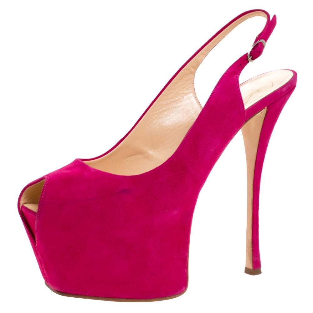 Pre Owned Giuseppe Zanotti Magenta Suede Peep Toe Slingback Platform Sandals Size 39