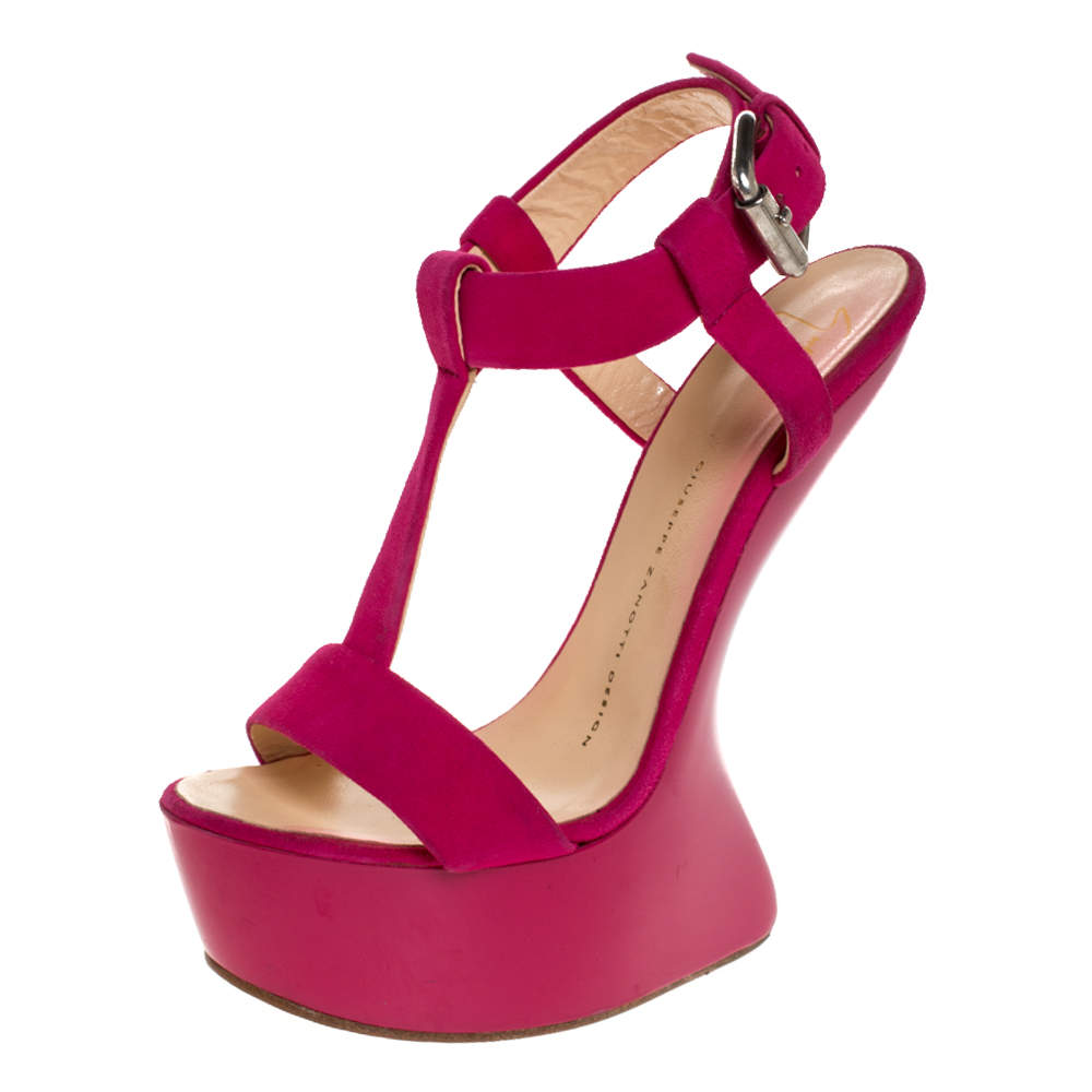 Giuseppe Zanotti Pink Suede T Strap Platform Heel Less Wedge Sandals Size 37.5