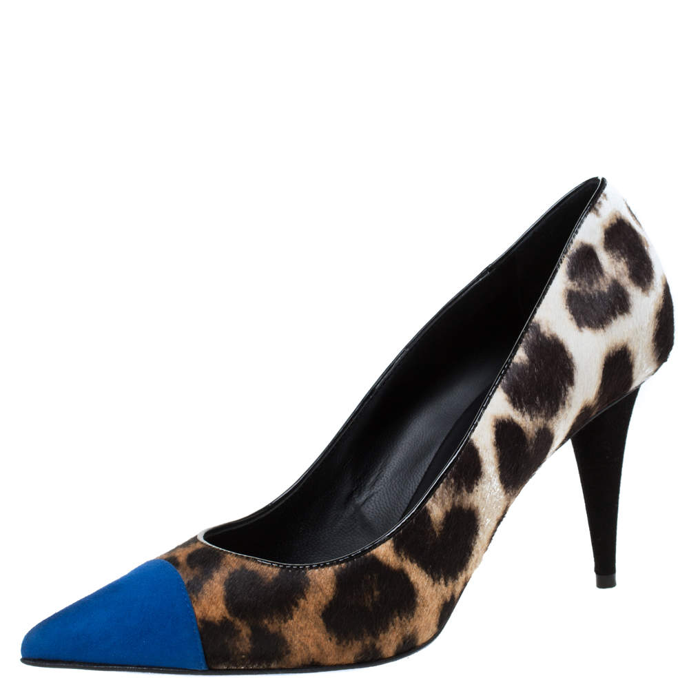 مملوكة مسبقًا Giuseppe Zanotti Blue/Brown Leopard Print Calf Hair Yvette Pointed Pumps Size 40