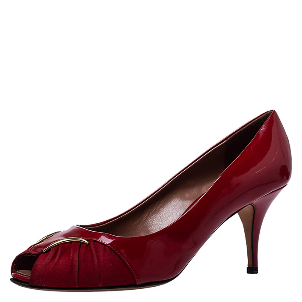 Pre Owned Giuseppe Zanotti Red Patent Leather and Suede Peep Toe Pumps Size 39.5