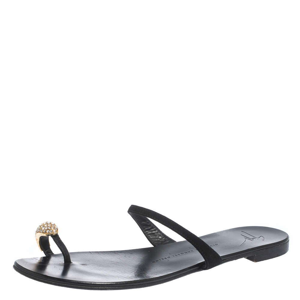Pre Owned Giuseppe Zanotti Black Suede Crystal Toe Ring Sandals Size 39