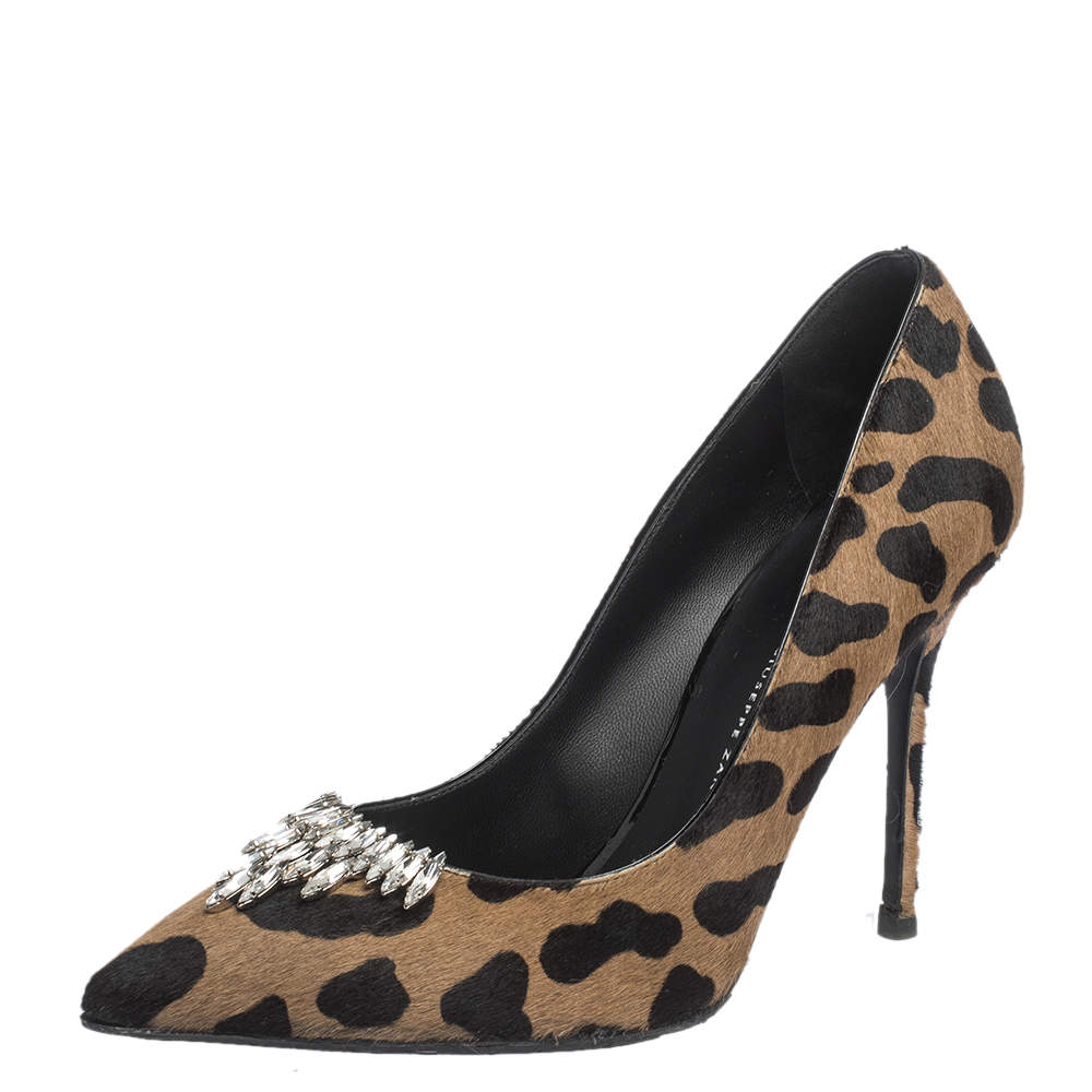 Pre Owned Giuseppe Zanotti  Brown Leopard Print Pony Hair Crystal Embellished  Pointed Toe Pumps Size 38