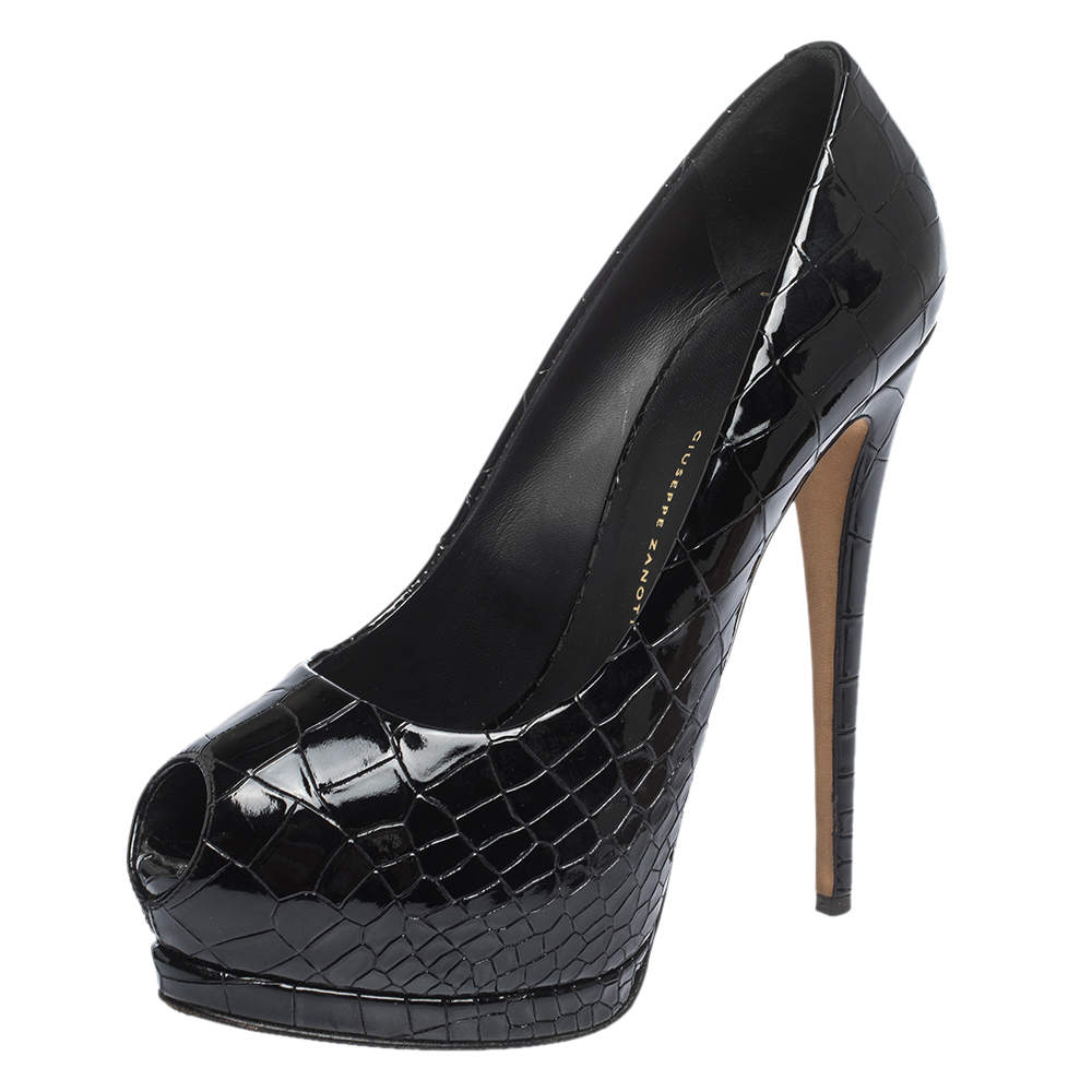 Pre Owned Giuseppe Zanotti Black Croc Embossed Leather Peep Toe Platform Pumps Size 39