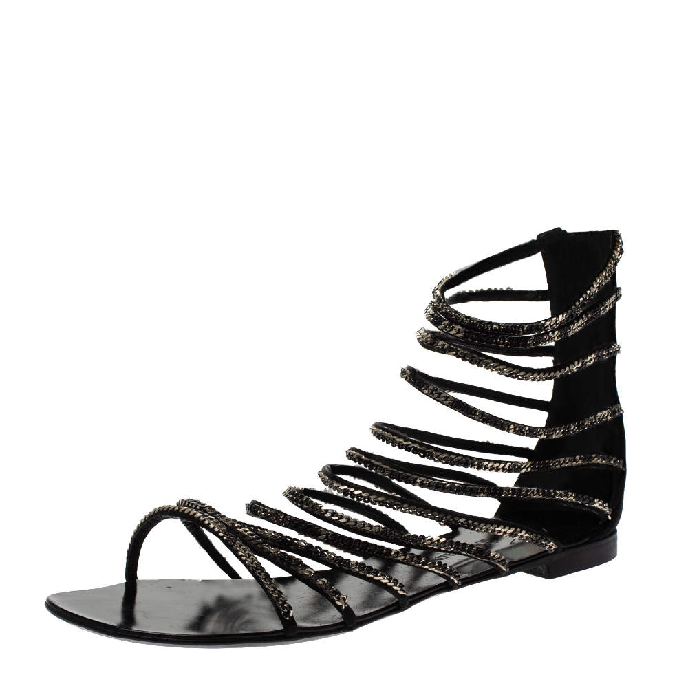Pre Owned Giuseppe Zanotti For Balmain Black Satin Chain Embellished Strappy Flats Size 37.5