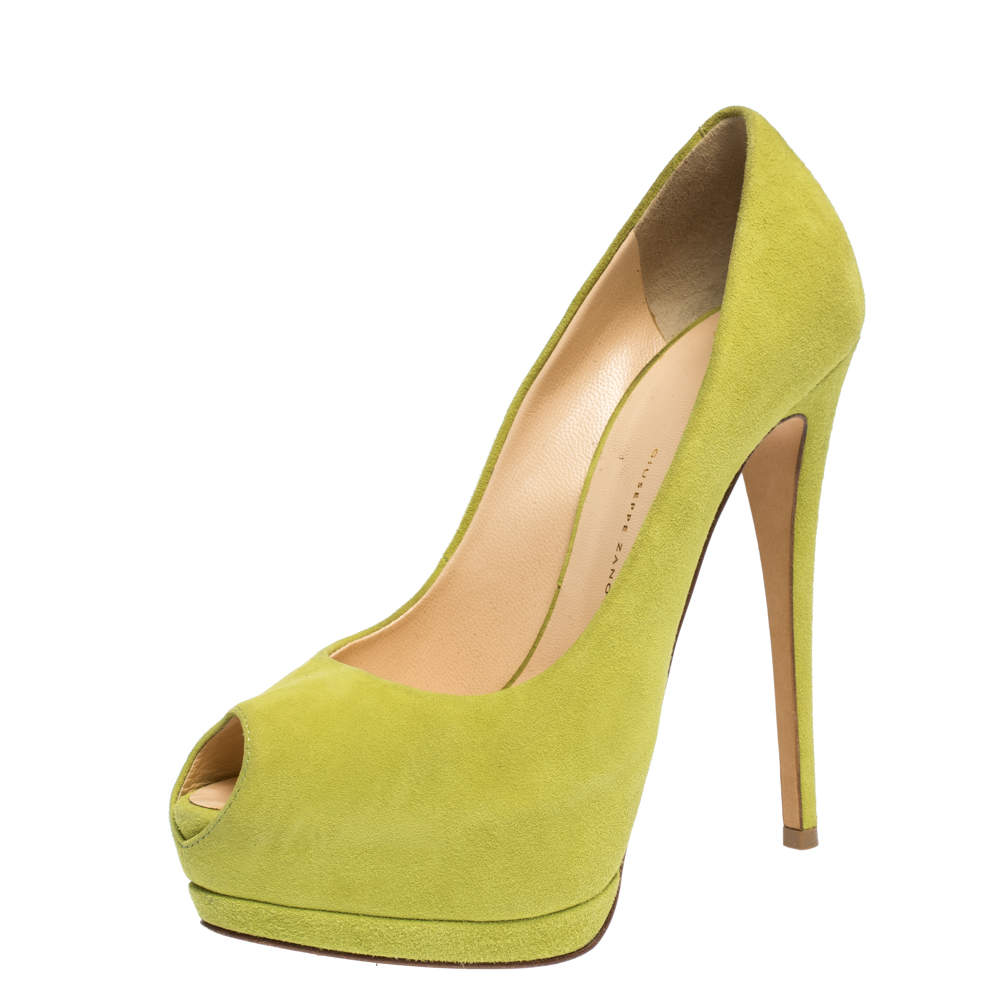 Pre Owned  Giuseppe Zanotti Lime Green Suede Sharon Peep Toe Platform Pumps Size 38.5
