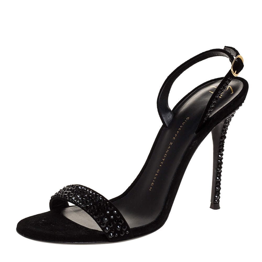Pre Owned Giuseppe Zanotti Black Suede Crystal Embellished Slingback Sandals Size 39