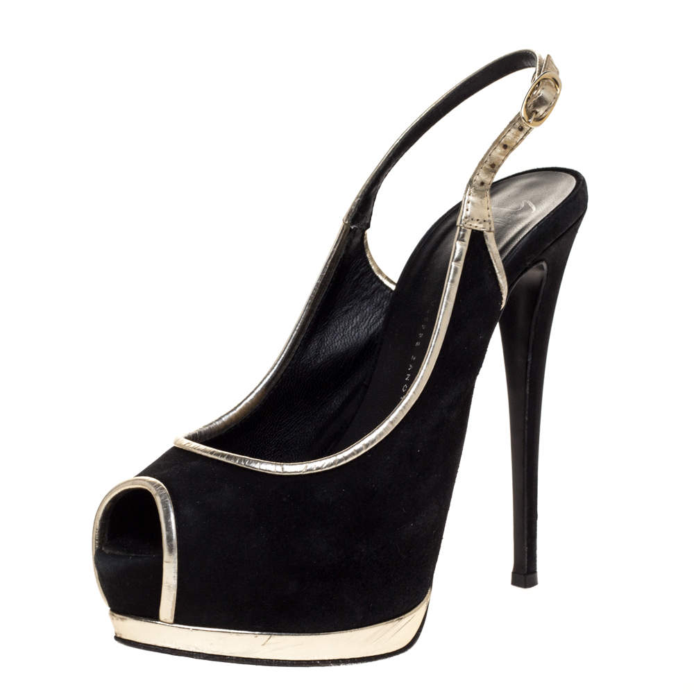 Guiseppe Zannotti Black Suede And Silver Leather Trim Peep Toe Slingback Platform Sandals Size 38
