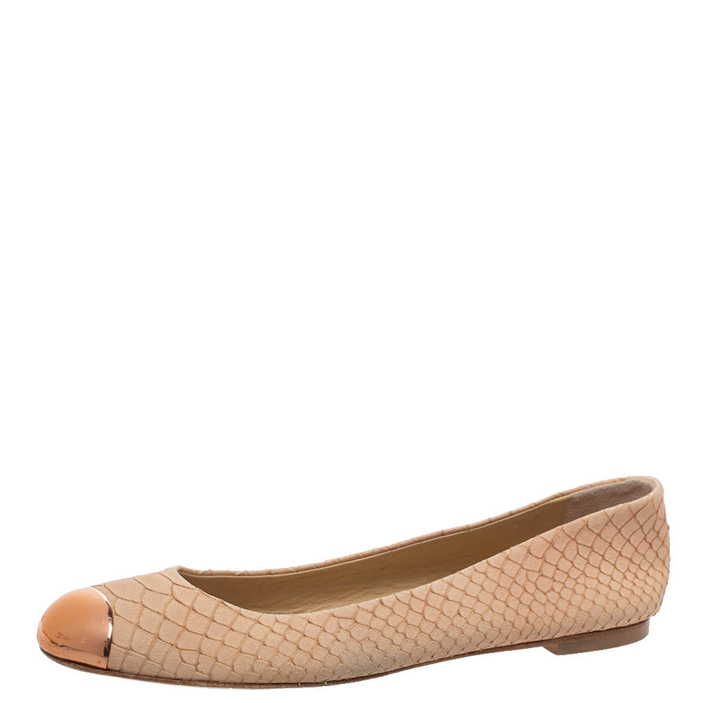 Pre Owned Giuseppe Zanotti Beige Python Embossed Suede Malika Cap Toe Ballet Flats Size 36.5