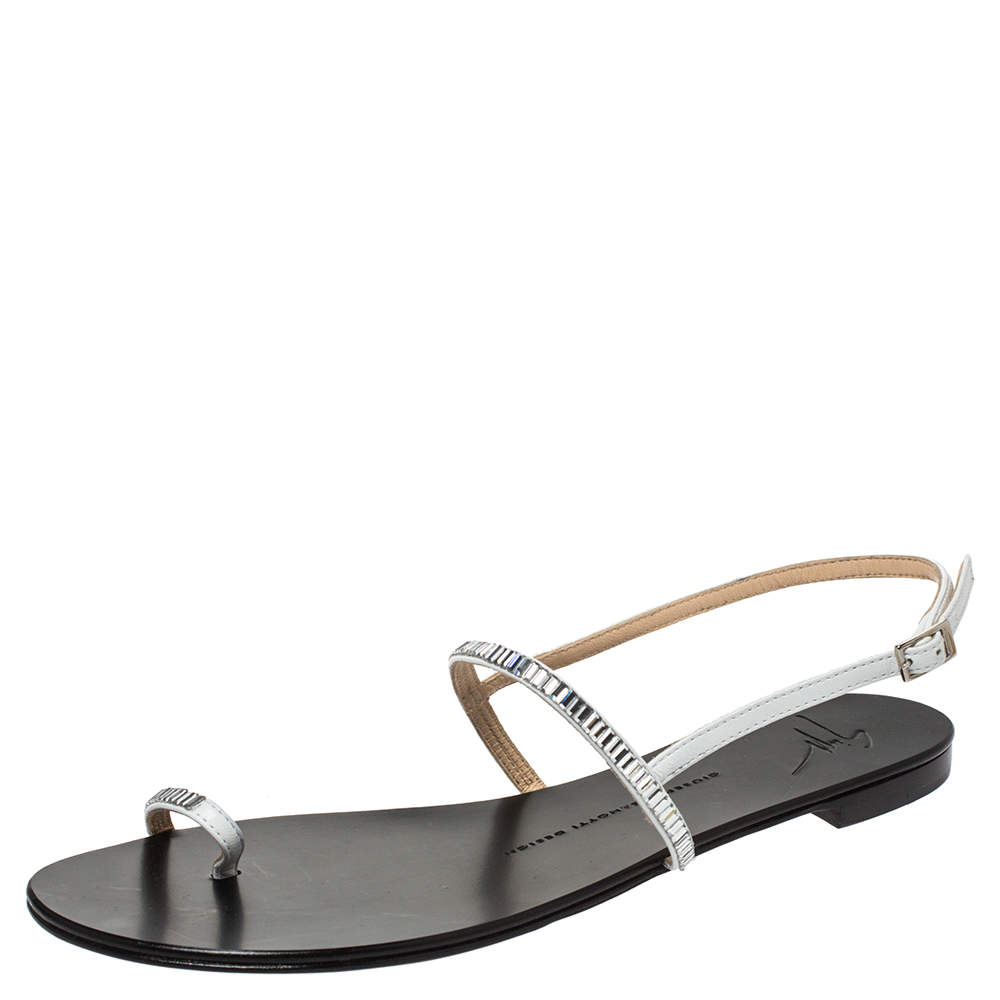 Pre Owned Giuseppe Zanotti Black Leather Crystal Embellished Sling Strap Flats Size 40