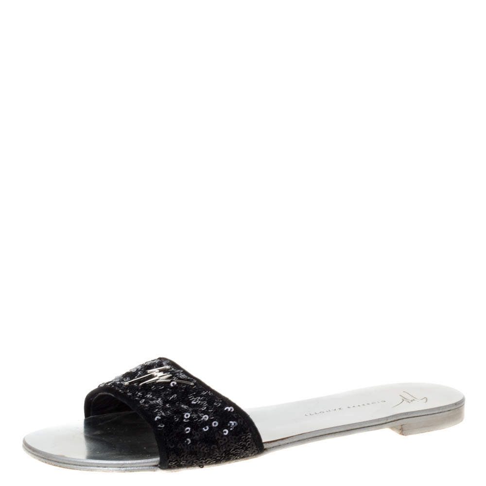Pre Owned Giuseppe Zanotti Black Sequins Flat Slides Size 39