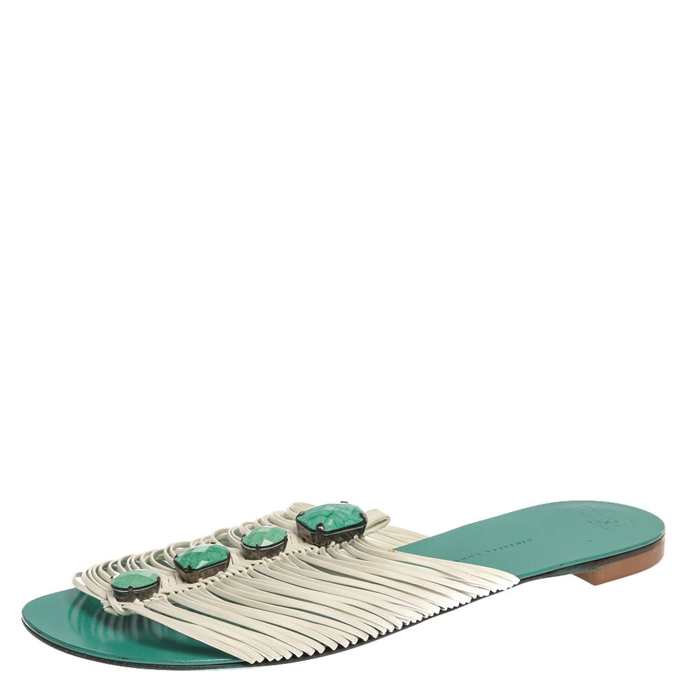 Pre Owned Giuseppe Zanotti Blue Leather Crystal Embellished Flats Size 41