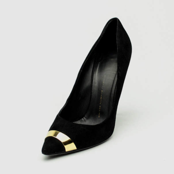 Giuseppe Zanotti Black Suede Pointed Toe Pumps With Gold Panel Size 40.5