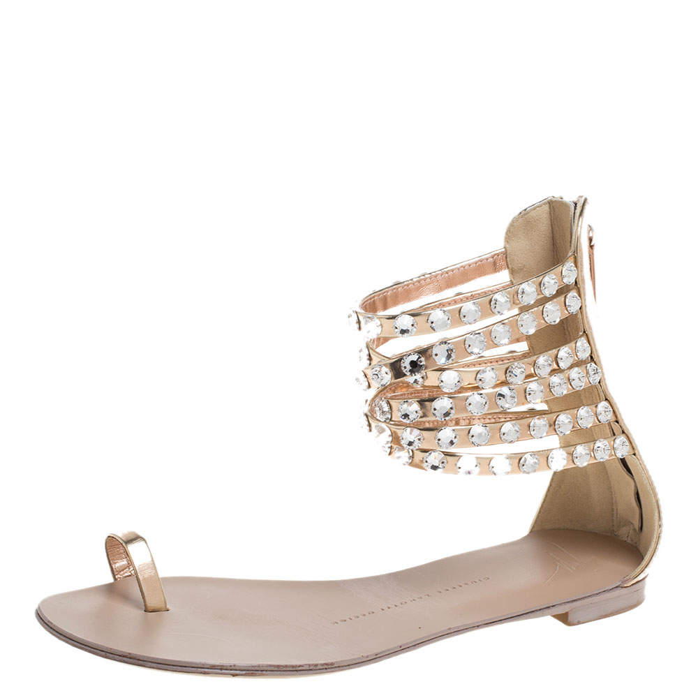 Pre Owned Giuseppe Zanotti Metallic Gold Leather Crystal Embellished Ankle Strap Flat Sandals Size 36