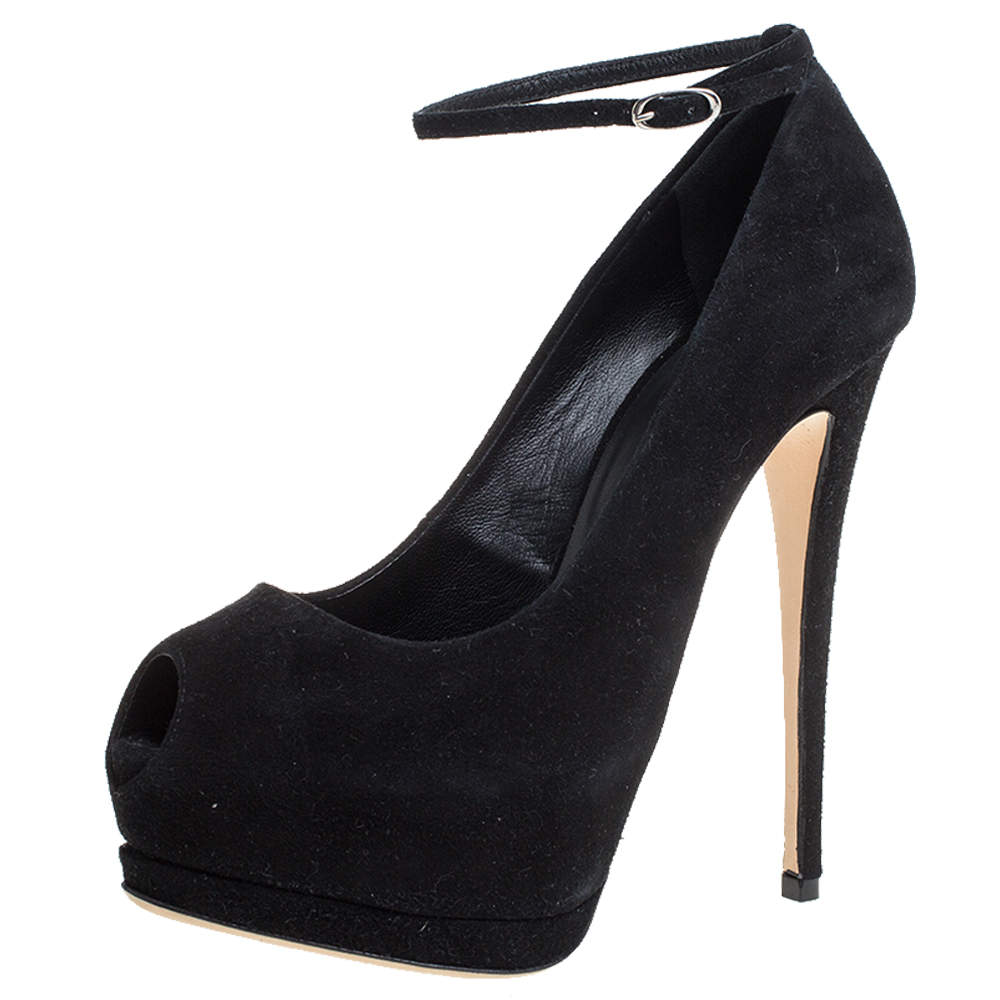 Pre Owned Giuseppe Zanotti Black Suede Peep Toe Ankle Strap Platform Pumps Size 36.5