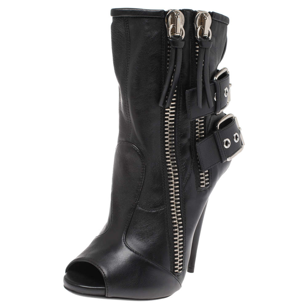 Pre Owned Giuseppe Zanotti Black Leather Peep Toe Biker Ankle Boots Size 37