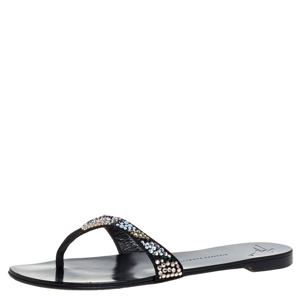 Pre Owned Giuseppe Zanotti Black Crystal Embellished Flat Sandals Size 40