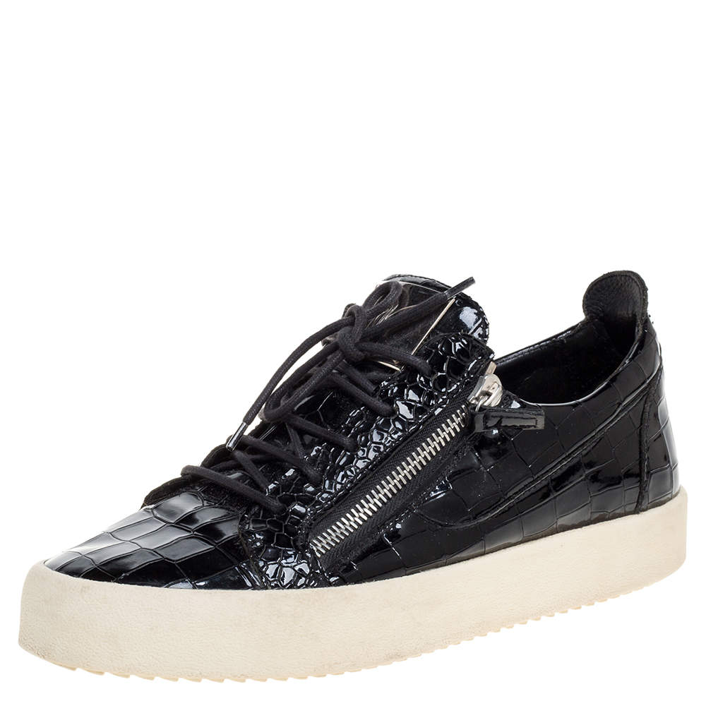 Pre Owned Giuseppe Zanotti Black Croc Embossed Leather Low Top Sneakers Size 44.5