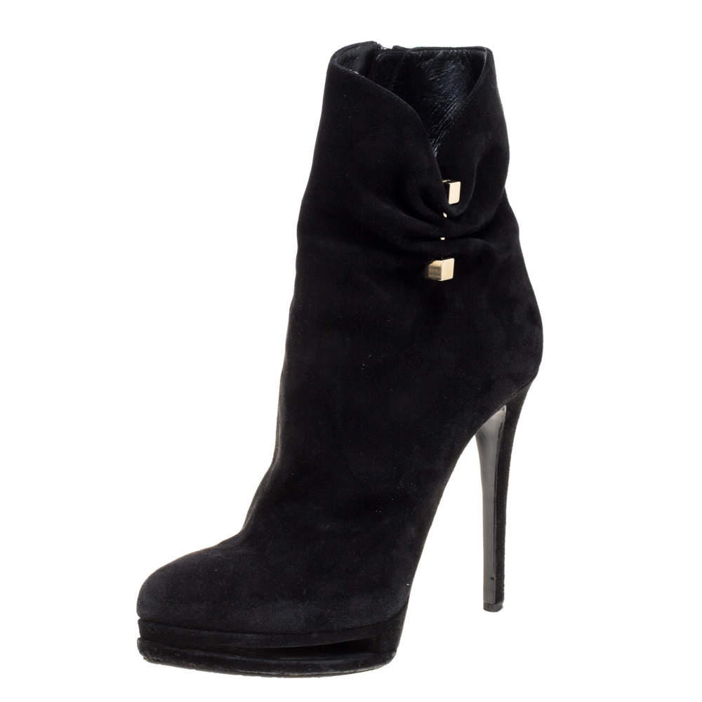 Pre Owned Le Silla Black Suede Hat Pin Platform Ankle Boots Size 38.5