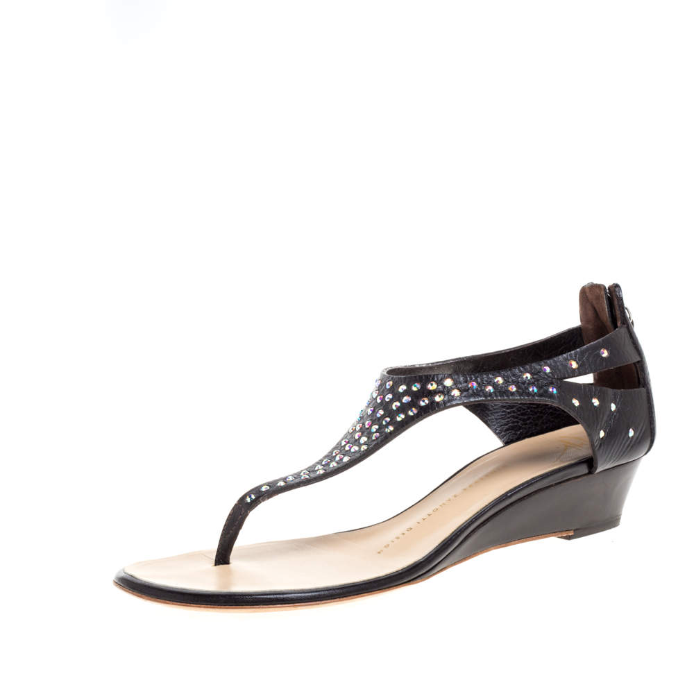 Giuseppe Zanotti Black Leather Crystal Studded Thong Sandals Size 37