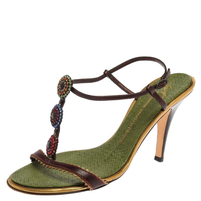 Giuseppe Zanotti x Vicini Dark Brown/Green Leather Jewel Embellished Ankle Strap Sandals Size 40