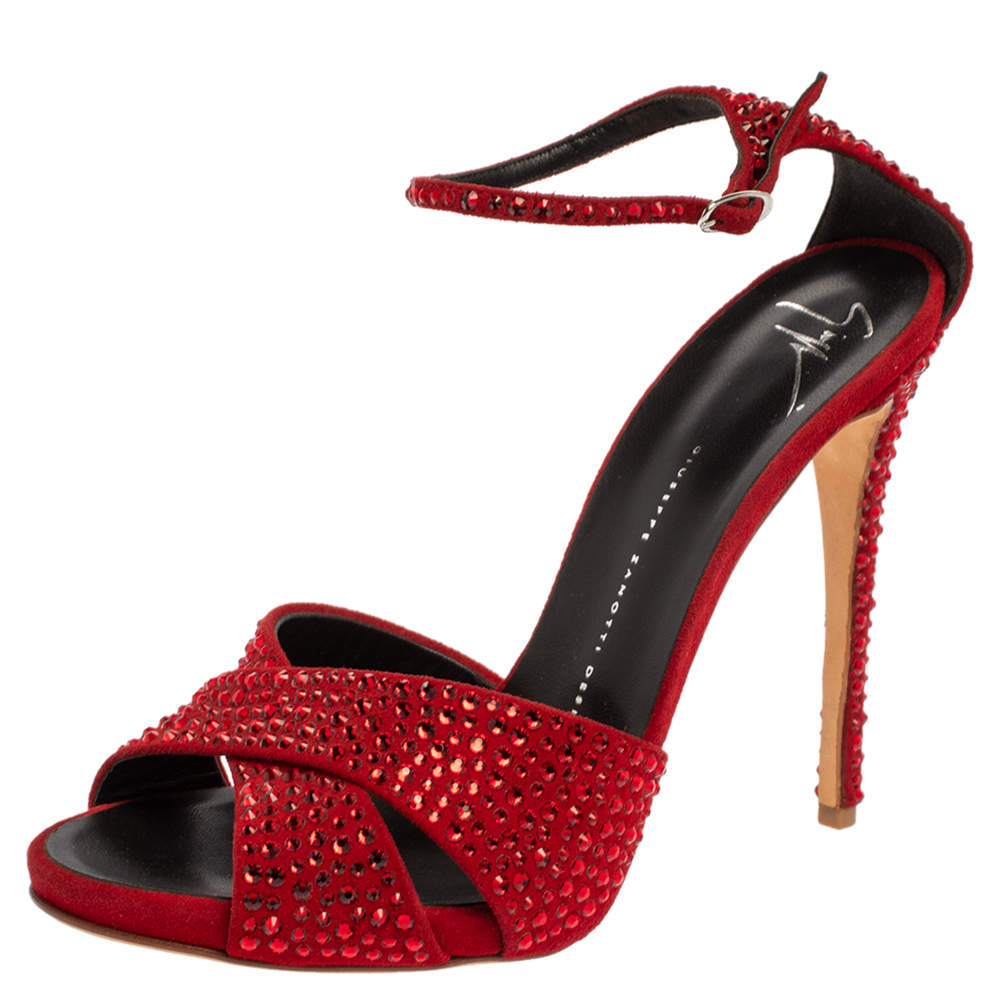 Pre Owned Giuseppe Zanotti Red Suede Crystal Embellished Ankle Strap Sandals Size 39.5