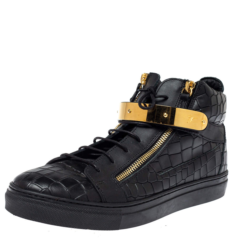 Pre Owned Giuseppe Zanotti Black Croc Embossed Leather Coby High Top Sneakers Size 40
