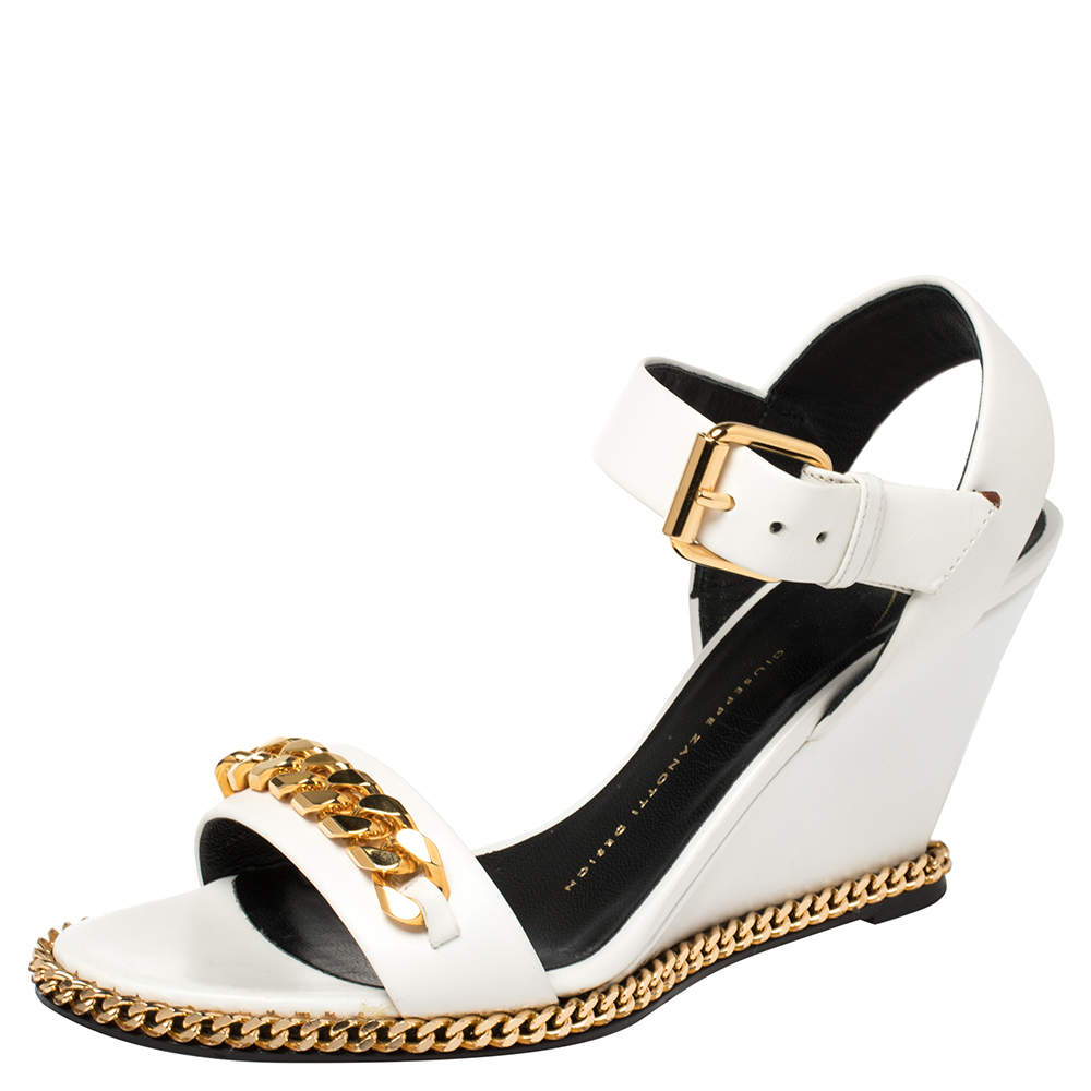 Pre Owned Giuseppe Zanotti White Leather Chain-Link Wedge Sandals Size 38