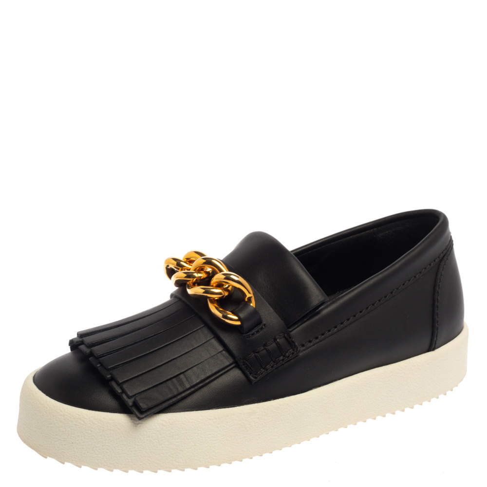 Pre Owned Giuseppe Zanotti Black Fringed Leather Slip On Sneakers Size 38