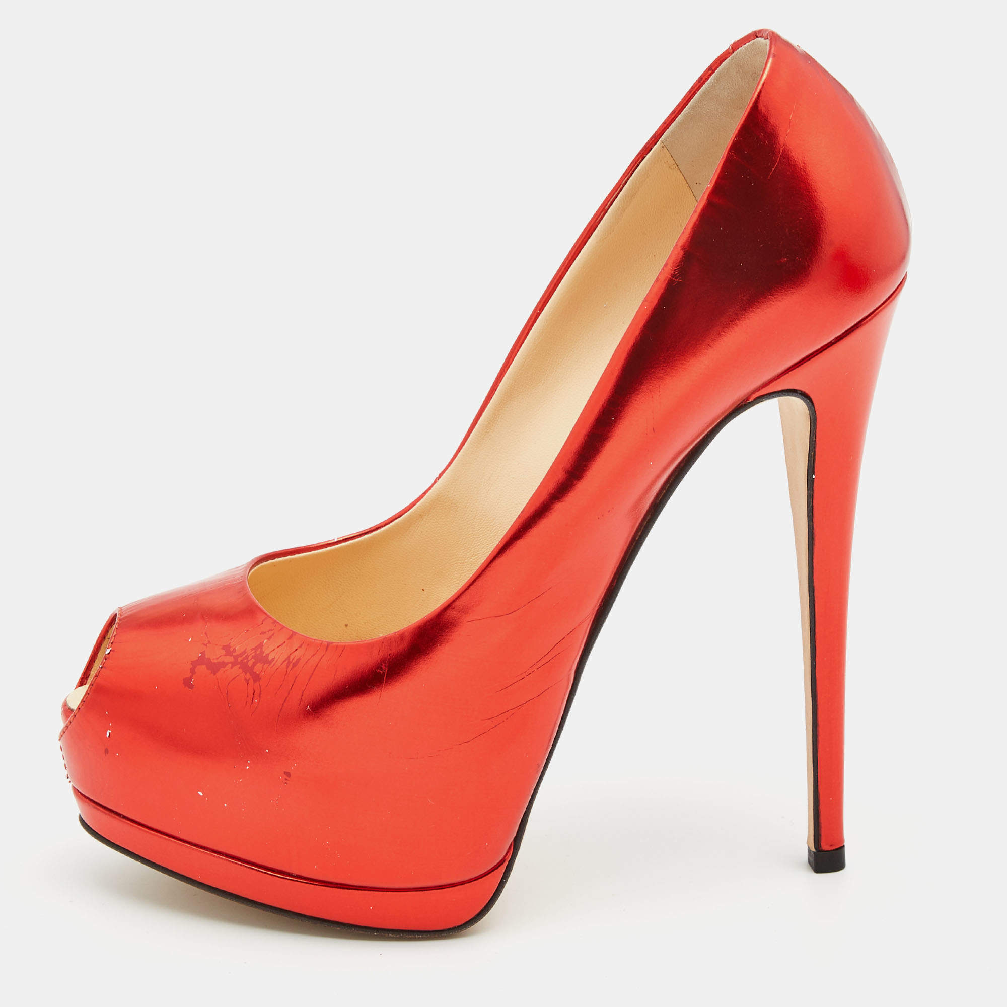  Giuseppe Zanotti Red Mirror Leather Sharon Peep Toe Platform Pumps Size 39