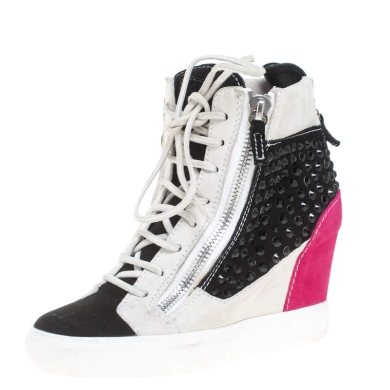 Pre Owned Giuseppe Zanotti Multicolor Crystal Embellished Suede Wedge Sneakers Size 37