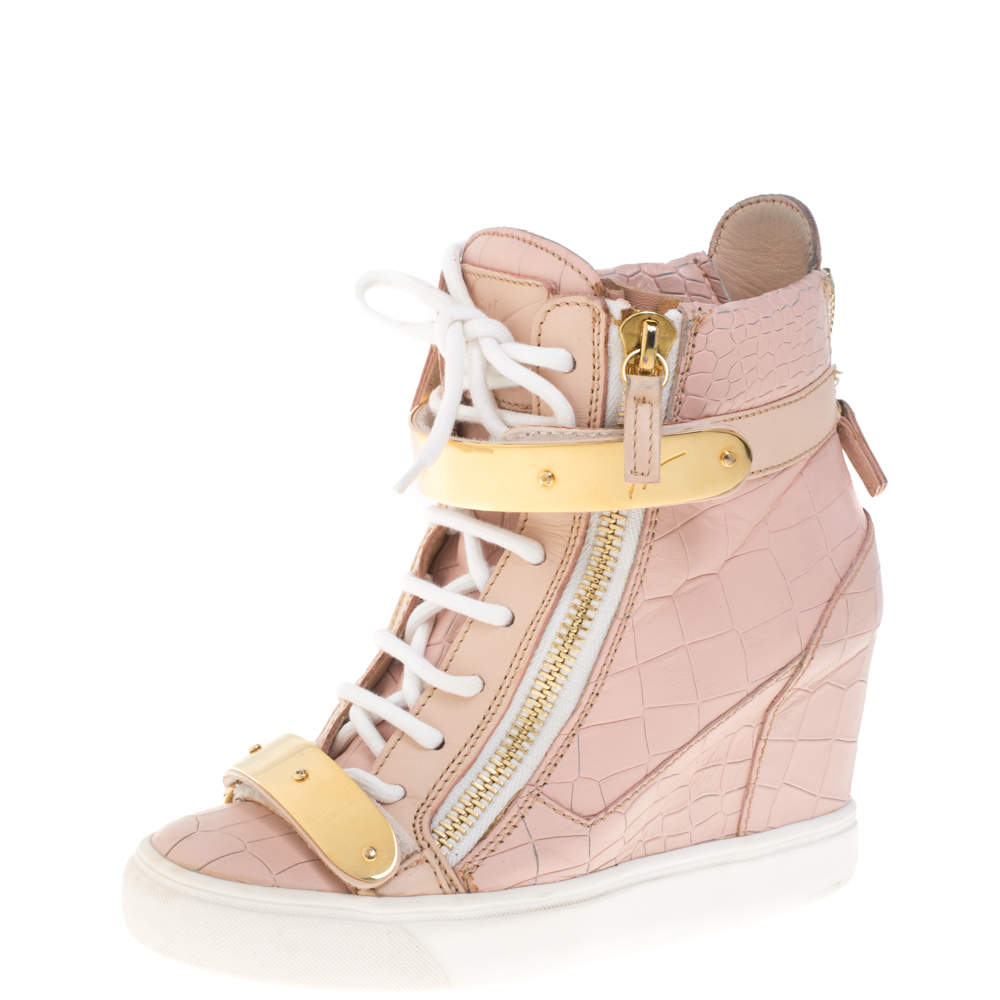 Pre Owned Giuseppe Zanotti Pink Croc Embossed Leather Lorenz Wedge High Top Sneakers Size 36.5