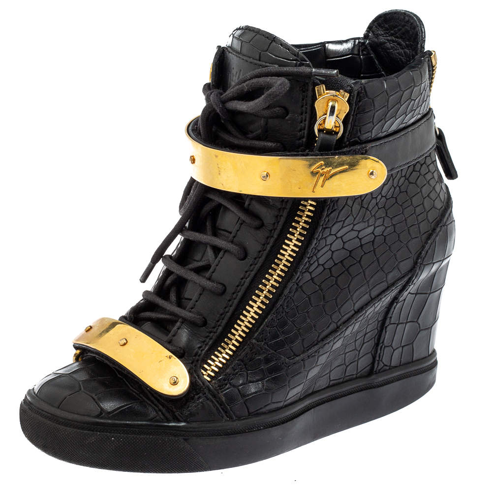 Pre Owned Giuseppe Zanotti Black Croc Embossed Leather Sneakers Size 36.5