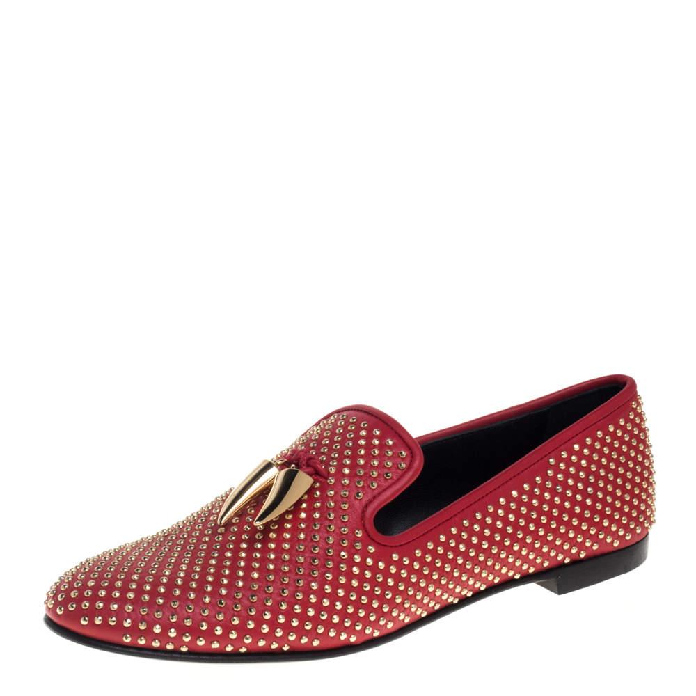 Pre Owned Giuseppe Zanotti Red Leather Studded Horn Detail Loafers Size 39