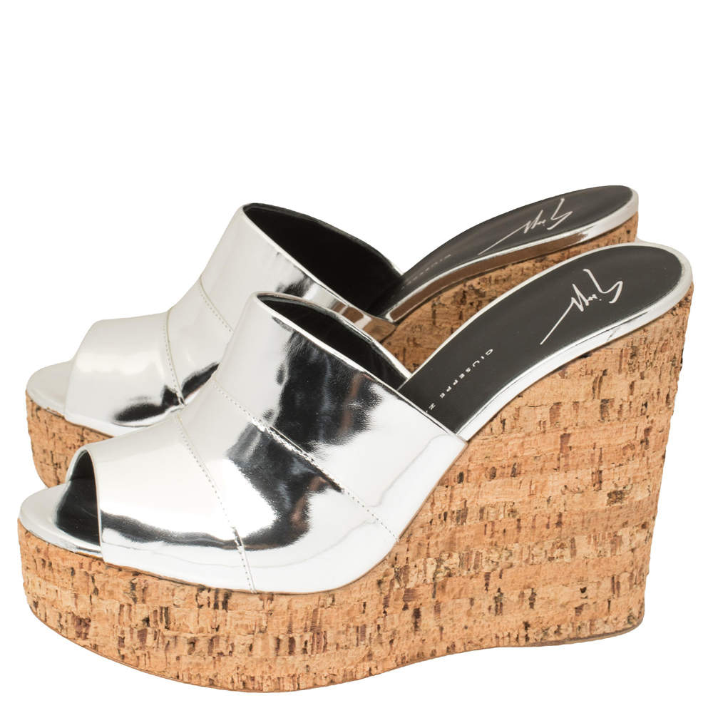 Giuseppe Zanotti Metallic Silver Leather Roz Cork Wedge Platform