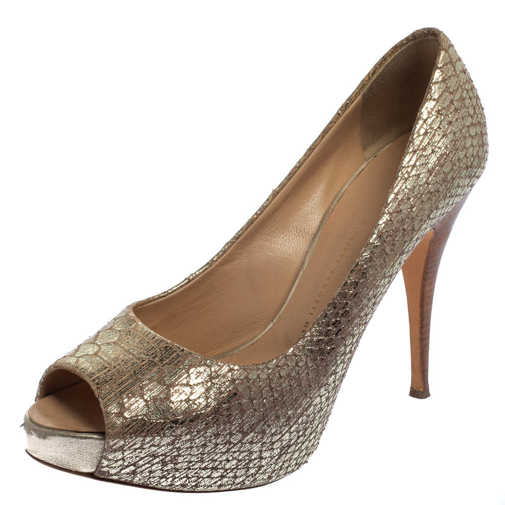 Giuseppe Zanotti Metallic Gold Python Embossed Leather Peep Toe Platform Pumps Size 39.5