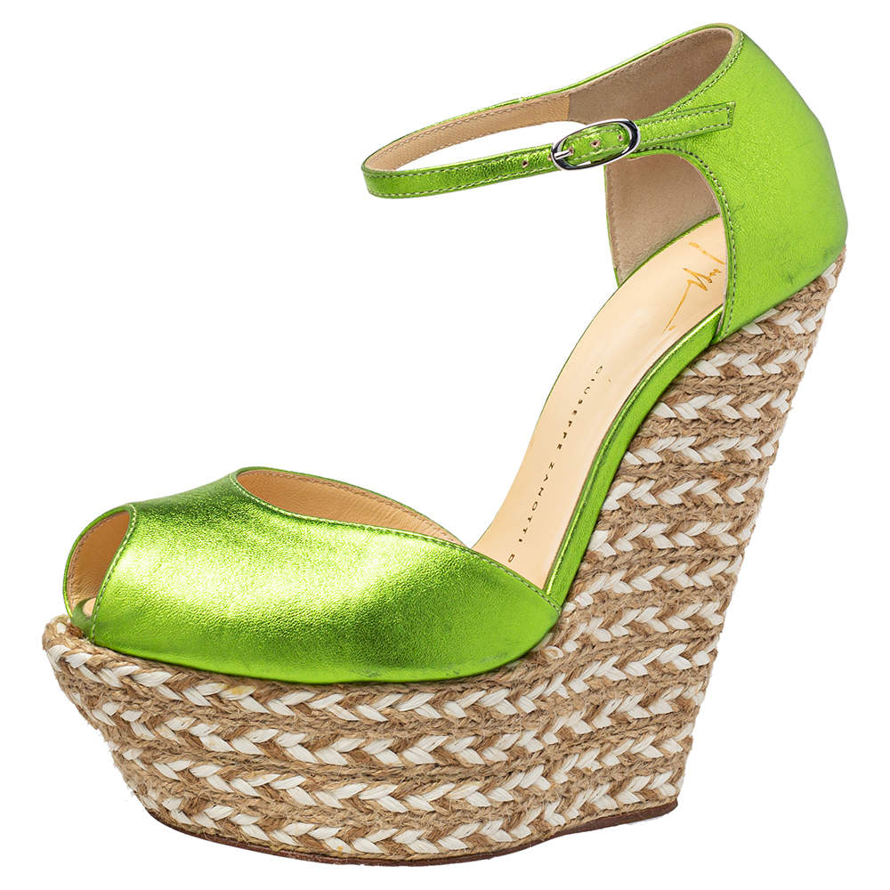 Pre Owned Giuseppe Zanotti Metallic Green Leather Wedge Platform Ankle Strap Espadrilles Size 37