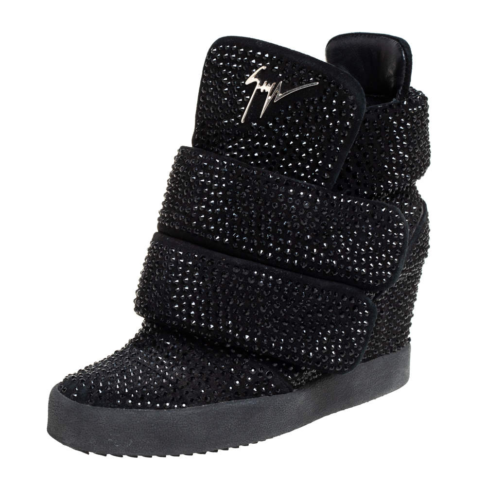 Pre Owned Giuseppe Zanotti Suede And Crystal Embellished High-Top Wedge Sneakers Size 39