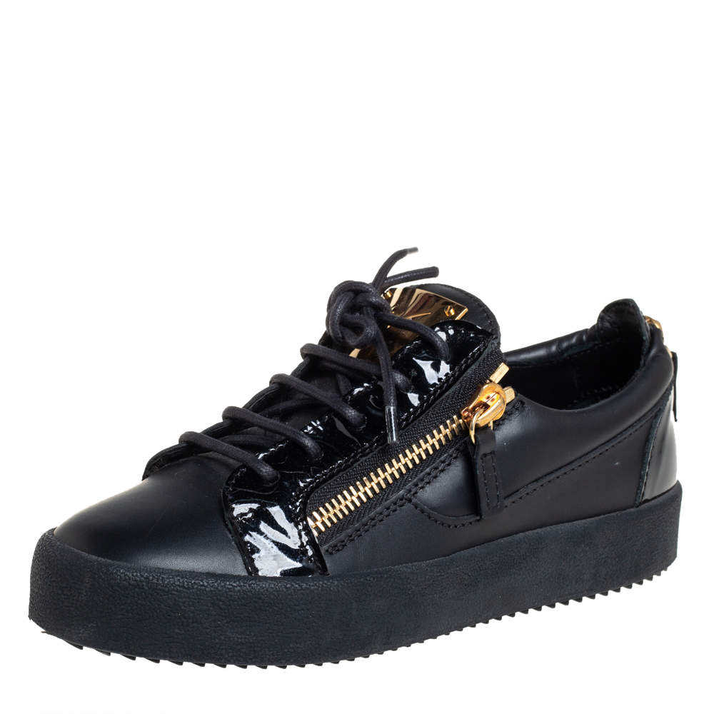 Giuseppe Zanotti Black Leather And Patent Leather Double Zipper Low Top Sneakers Size 36