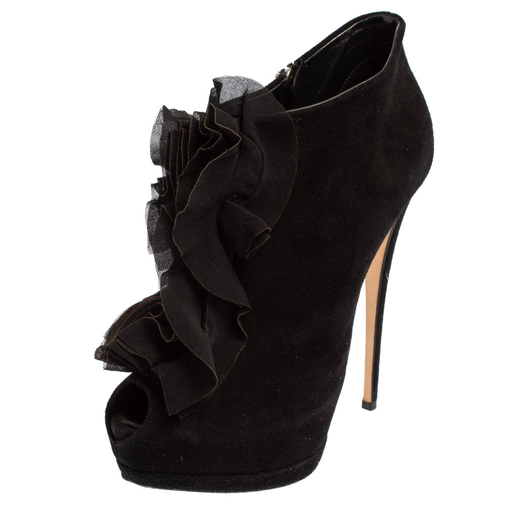 Pre Owned Giuseppe Zanotti Black Suede Peep Toe Ankle Boots Size 39.5