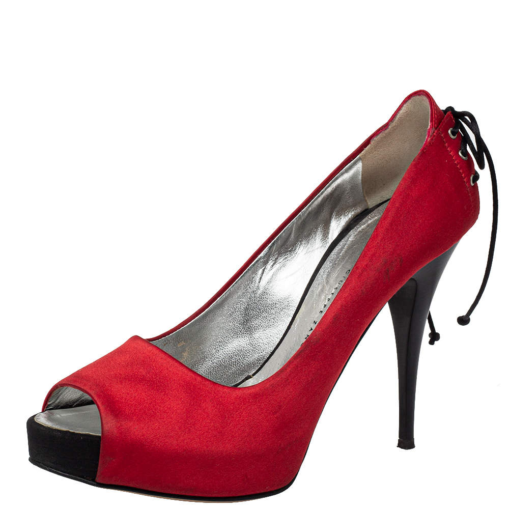 Giuseppe Zanotti Red Satin Peep Toe Platform Pumps Size 36