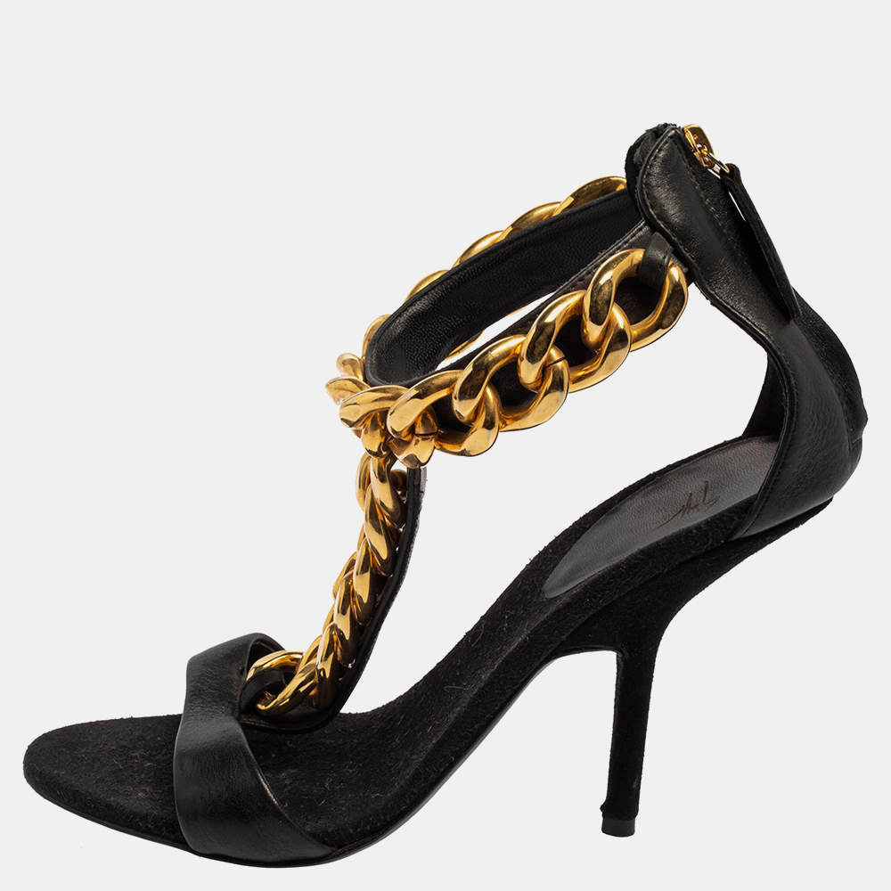 Giuseppe Zanotti Black Leather Chain Detail T Strap Sandals Size 38.5