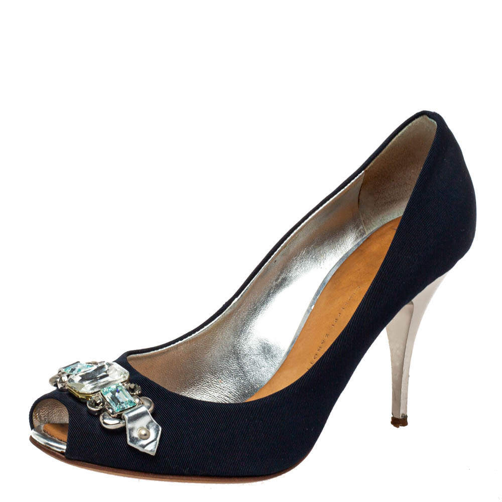 Giuseppe Zanotti Blue Fabric Embellished Peep Toe Pumps Size 38.5